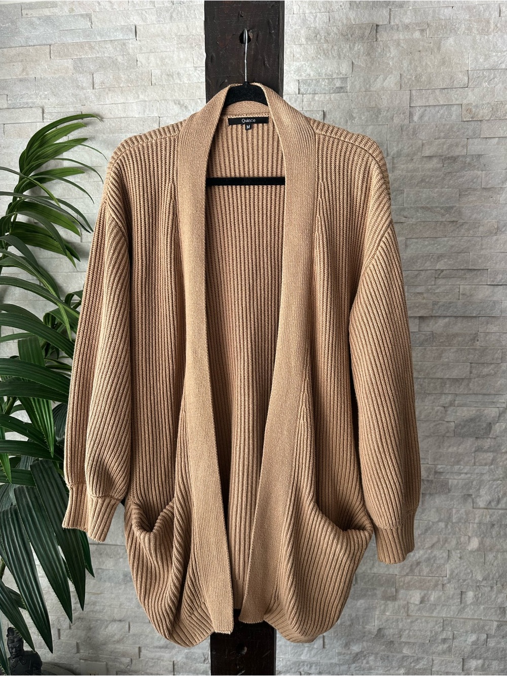 Quince Oversized Cableknit Open-Front Organic Cotton Cardigan Camel Tan Size M